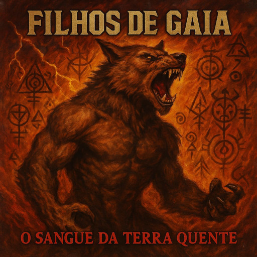 Um lobo marrom em fúria em meio em uma tempestade rodeado de símbolos arcanos rústicos em letras grandes do topo "Filhos de Gaia" e em baixo "O Sangue da Terra Quente"